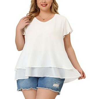 Women's Plus Top Casual Flare Sleeve Double Layers Chiffon Blouse