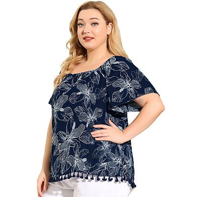 Women's Plus Size Blouses Square Neck Floral Tassel Hem Short Sleeves Boho Tops Summer