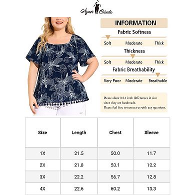 Women's Plus Size Blouses Square Neck Floral Tassel Hem Short Sleeves Boho Tops Summer