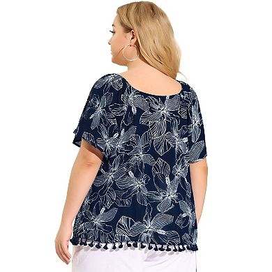 Women's Plus Size Blouses Square Neck Floral Tassel Hem Short Sleeves Boho Tops Summer