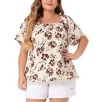 Women's Plus Size Blouses Square Neck Floral Tassel Hem Short Sleeves Boho Tops Summer