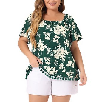 Women's Plus Size Blouses Square Neck Floral Tassel Hem Short Sleeves Boho Tops Summer