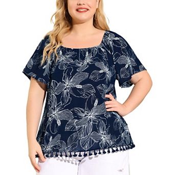 Women's Plus Size Blouses Square Neck Floral Tassel Hem Short Sleeves Boho Tops Summer