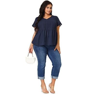 Women's Plus Top Contrast Panel V Neck Elastic Back Short Sleeve Blouses