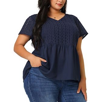 Women's Plus Top Contrast Panel V Neck Elastic Back Short Sleeve Blouses