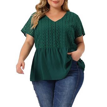 Women's Plus Top Contrast Panel V Neck Elastic Back Short Sleeve Blouses