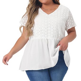 Women's Plus Top Contrast Panel V Neck Elastic Back Short Sleeve Blouses