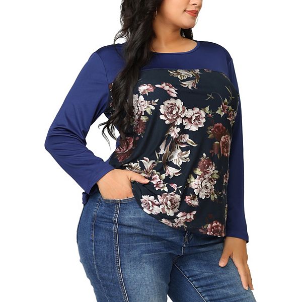 Plus Size Color Block Floral Blouse - Short Sleeve Crewneck Top For Women, Pink, XL