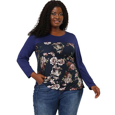 Women's Plus Tops Long Sleeve Color Block Floral Blouses