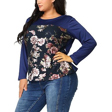 Women's Plus Tops Long Sleeve Color Block Floral Blouses