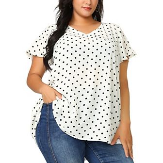 Women's Plus Size Tops V Neck Polka Dots Ruffle Short Sleeve Blouse