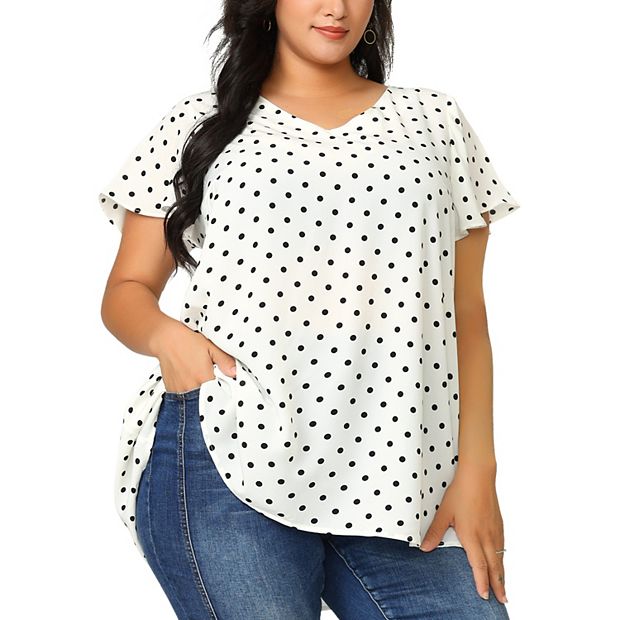 Women's Plus Size Tops V Neck Polka Dots Ruffle Short Sleeve Blouse