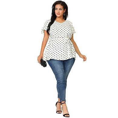 Women's Plus Size Tops V Neck Polka Dots Ruffle Short Sleeve Blouse