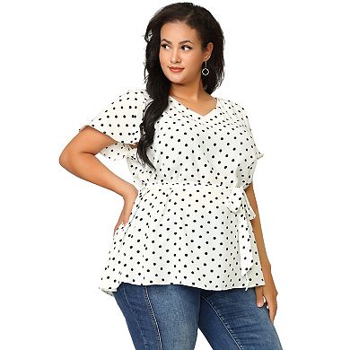 Women's Plus Size Tops V Neck Polka Dots Ruffle Short Sleeve Blouse