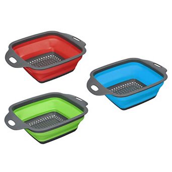 Collapsible Colander Set, 3 pc Silicone Square Strainer, Small Blue Green Red