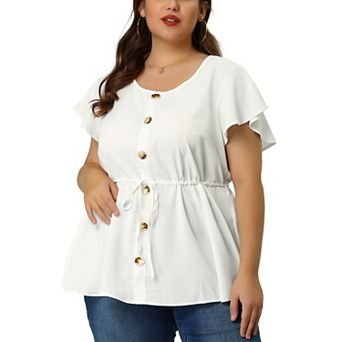 Women's Plus Blouse Button Decor Drawstring Elastic Back Bell Sleeve Summer Tops