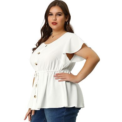 Women's Plus Blouse Button Decor Drawstring Elastic Back Bell Sleeve Summer Tops