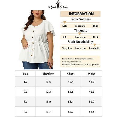 Women's Plus Blouse Button Decor Drawstring Elastic Back Bell Sleeve Summer Tops
