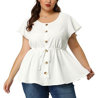 Women's Plus Blouse Button Decor Drawstring Elastic Back Bell Sleeve Summer Tops