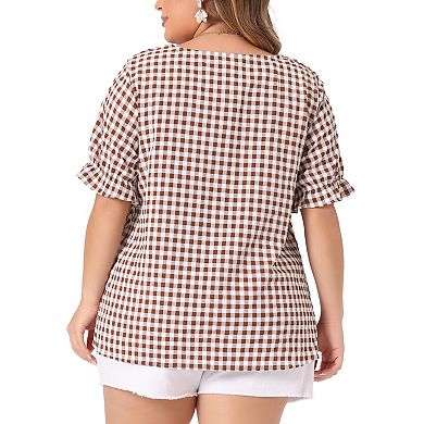 Women's Plus Size Summer Gingham Tops 1950s Sweetheart Neck Flounce Sleeve Blouse Top