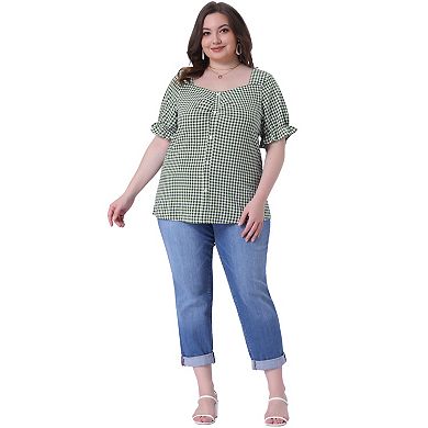 Women's Plus Size Summer Gingham Tops Sweetheart Neck Flounce Sleeve Blouse Top