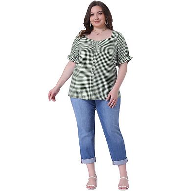 Women's Plus Size Summer Gingham Tops 1950s Sweetheart Neck Flounce Sleeve Blouse Top