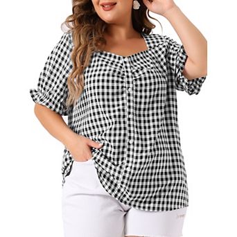 Women's Plus Size Summer Gingham Tops Sweetheart Neck Flounce Sleeve Blouse Top