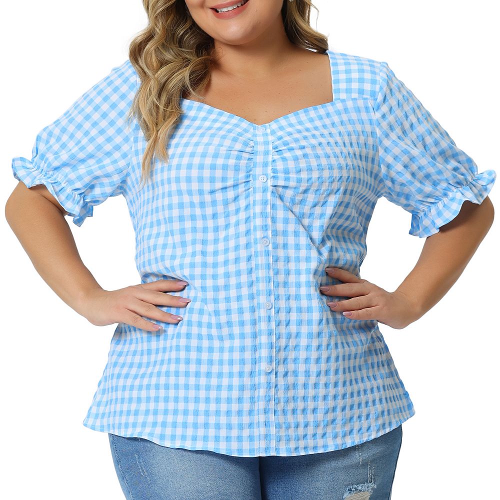 AGNES gingham baby blue cotton blouse – Maisoncleo