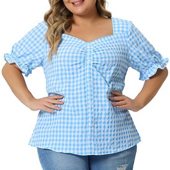 Women's Plus Size Summer Gingham Tops Sweetheart Neck Flounce Sleeve Blouse Top