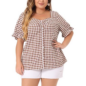Women's Plus Size Summer Gingham Tops Sweetheart Neck Flounce Sleeve Blouse Top