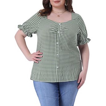 Women's Plus Size Summer Gingham Tops Sweetheart Neck Flounce Sleeve Blouse Top