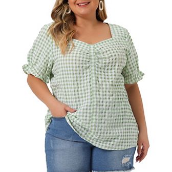 Women's Plus Size Summer Gingham Tops Sweetheart Neck Flounce Sleeve Blouse Top