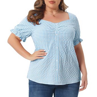 Women's Plus Size Summer Gingham Tops Sweetheart Neck Flounce Sleeve Blouse Top