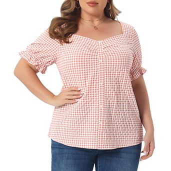 Women's Plus Size Summer Gingham Tops Sweetheart Neck Flounce Sleeve Blouse Top