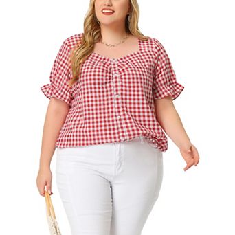 Women's Plus Size Summer Gingham Tops Sweetheart Neck Flounce Sleeve Blouse Top