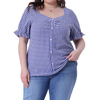 Women's Plus Size Summer Gingham Tops Sweetheart Neck Flounce Sleeve Blouse Top
