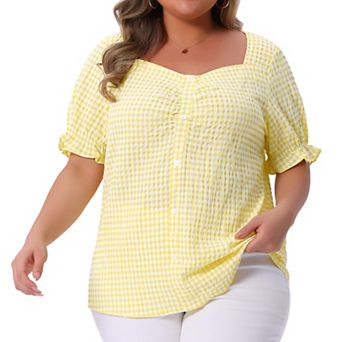 Women's Plus Size Summer Gingham Tops Sweetheart Neck Flounce Sleeve Blouse Top