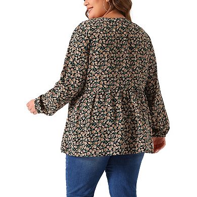 Women's Plus Size Floral V Neck Half Placket Casual Chiffon Blouse