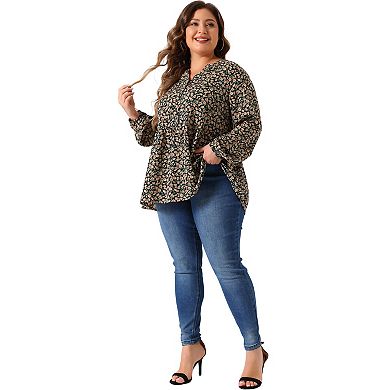 Women's Plus Size Floral V Neck Half Placket Casual Chiffon Blouse