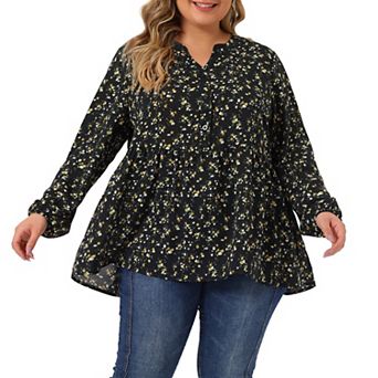 Women's Plus Size Floral V Neck Half Placket Casual Chiffon Blouse