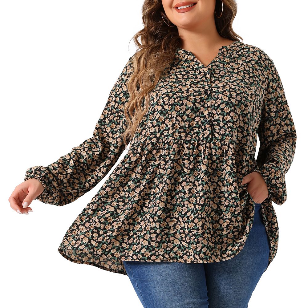 Women's Plus Size Floral V Neck Half Placket Casual Chiffon Blouse