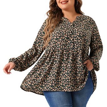 Women's Plus Size Floral V Neck Half Placket Casual Chiffon Blouse