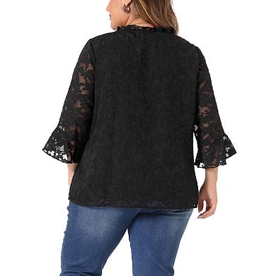 Women's Plus Size Top 3/4 Flare Sleeve V Neck Semi Sheer Blouses