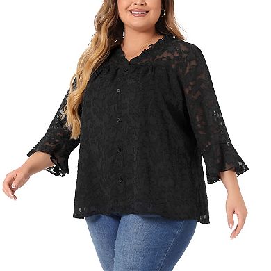 Women's Plus Size Top 3/4 Flare Sleeve V Neck Semi Sheer Blouses