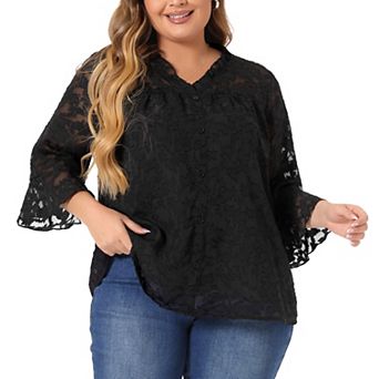 Women's Plus Size Top 3/4 Flare Sleeve V Neck Semi Sheer Blouses