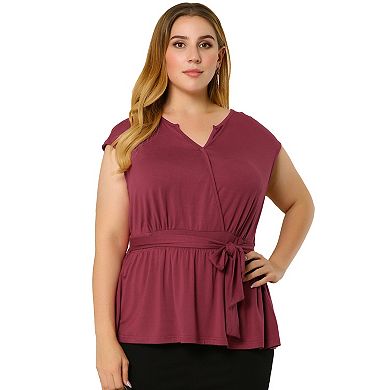 Women's Plus Size V Neck Bow Tie Faux Wrap Tank Ruffle Hem Top