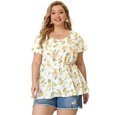 Women's Plus Floral Blouse Flare Sleeve Sweetheart Neck Elastic Waist Peplum Top