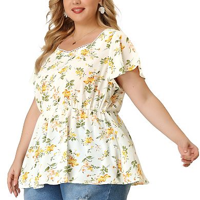 Women's Plus Floral Blouse Flare Sleeve Sweetheart Neck Elastic Waist Peplum Top