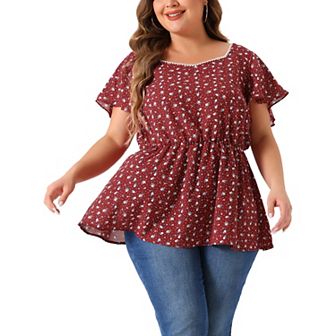 Women's Plus Floral Blouse Flare Sleeve Sweetheart Neck Elastic Waist Peplum Top