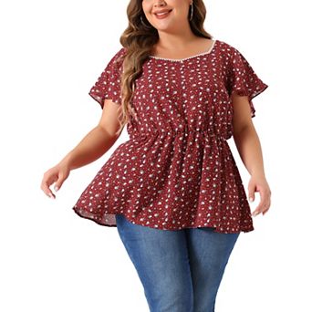 Women's Plus Floral Blouse Flare Sleeve Sweetheart Neck Elastic Waist Peplum Top